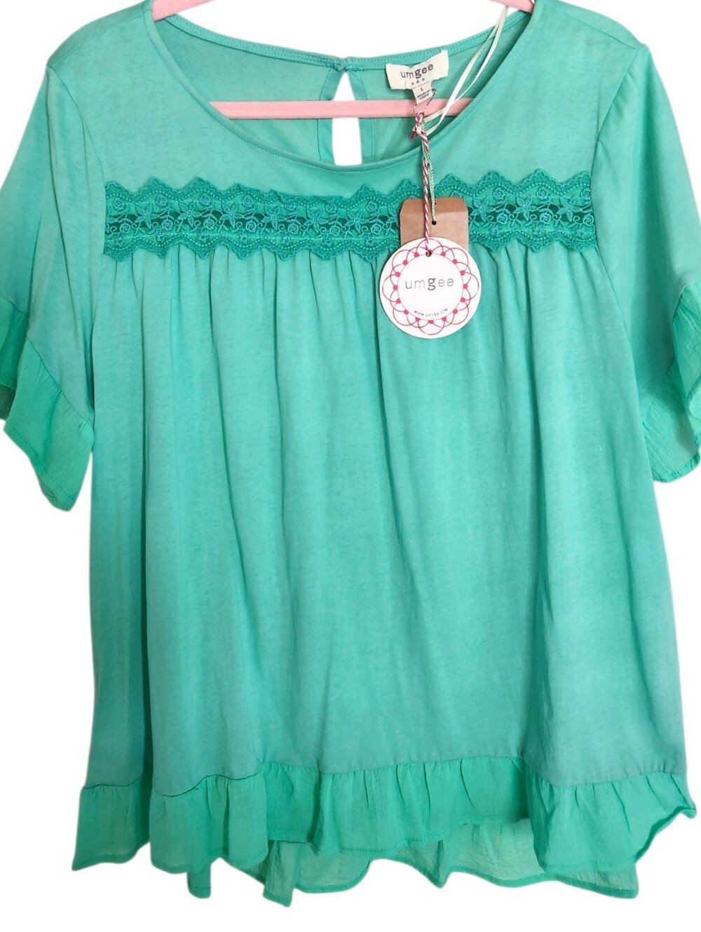 Umgee Mint Green Crochet Lace Flutter Sleeve Ruffle Hem Babydoll Top LG NWT
